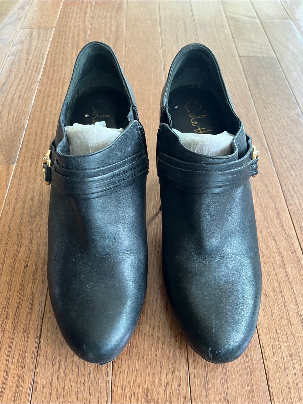 Cole Haan Black Leather Slip-On Mules with Gold Buckle